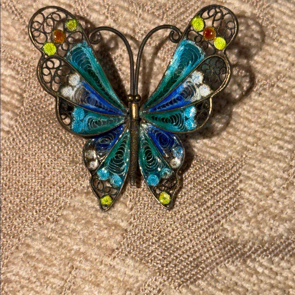 Blue & Teal Enamel Butterfly Brooch exquisite old stamped 800